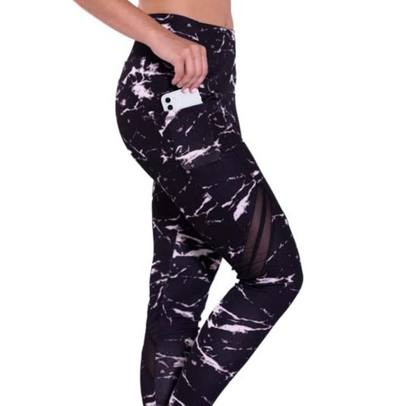 High-Waisted & Mash Panel Gym and Yoga Leggings with Side Pockets Marble Black - Picture 6 of 7